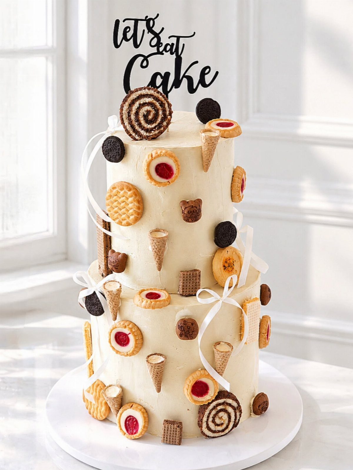 Three-tier white cake decorated with assorted cookies and a black cake topper.
