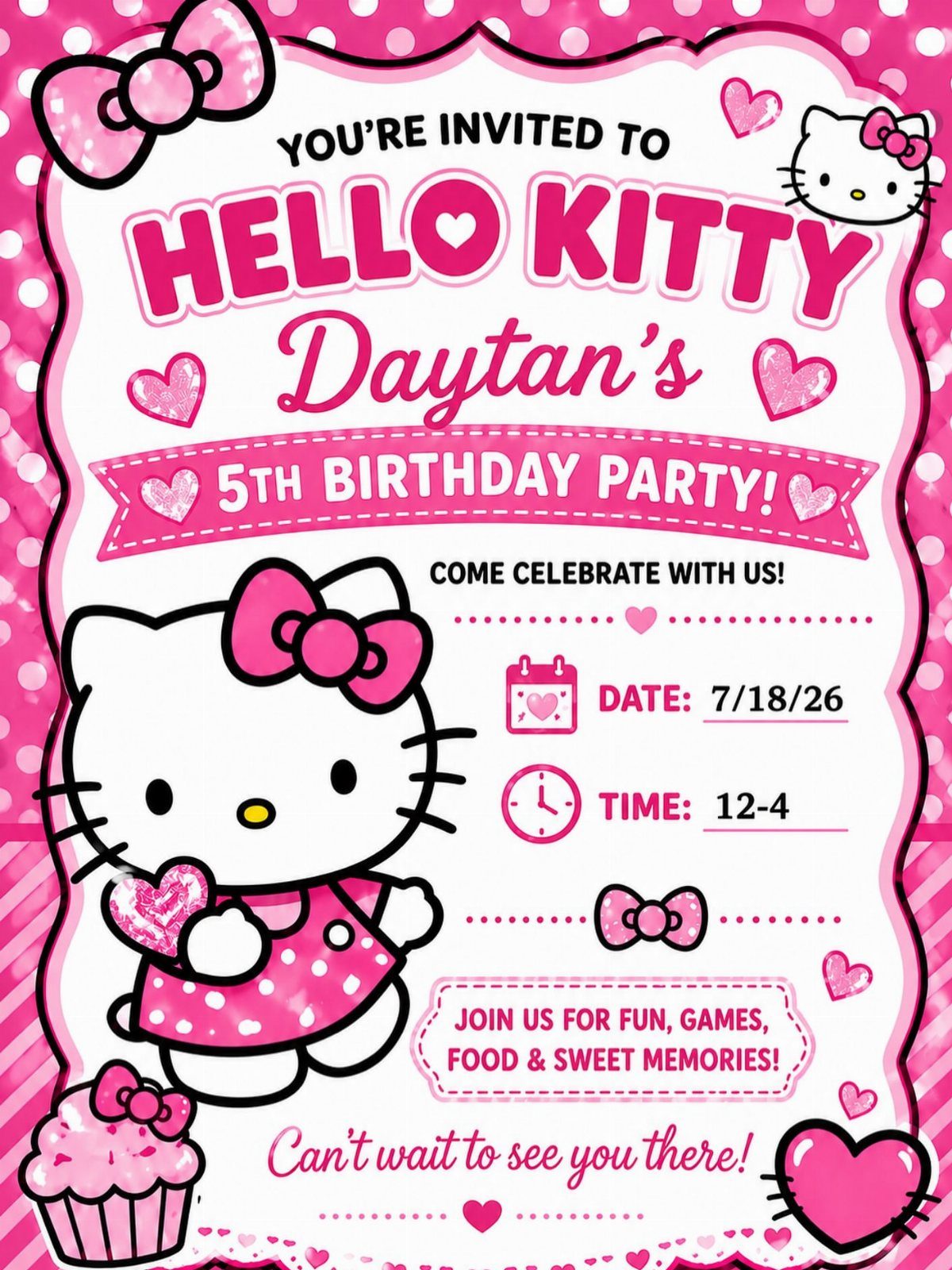Hello Kitty birthday invitation with pink hearts, a cupcake, and party details.