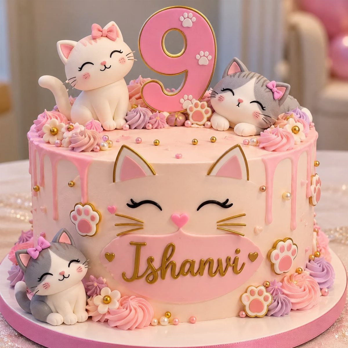Pink cat-themed birthday cake with a number 9 topper and cute cat figurines.