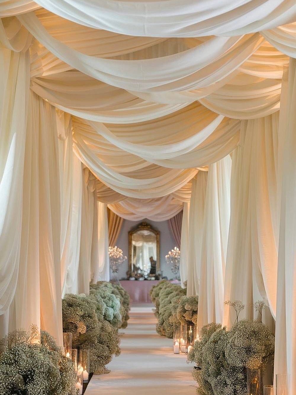 Cream fabric ceiling drapes and wall curtains lining a wedding aisle with flowers.