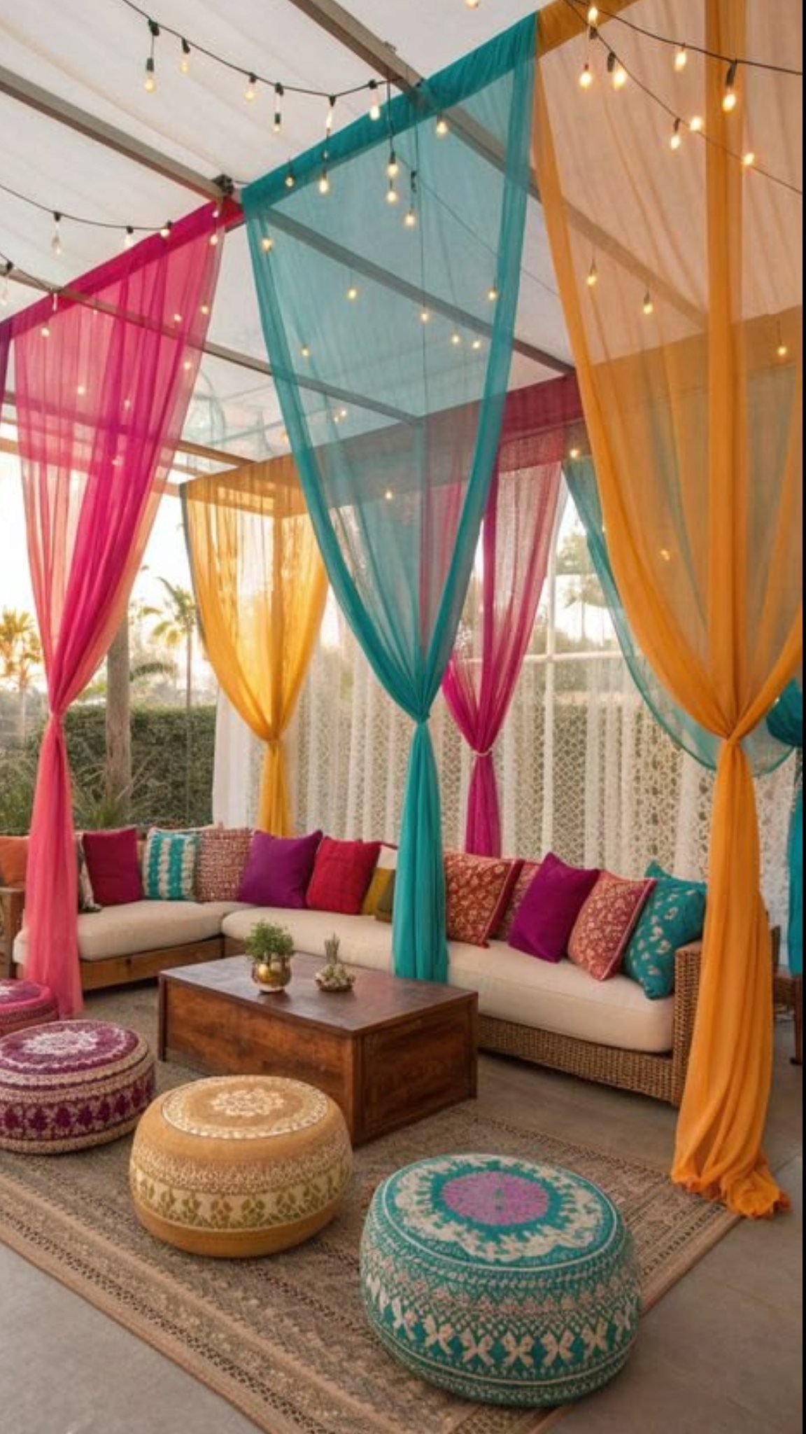 Colorful sheer fabric drapes enclosing a lounge area with a sofa and poufs.