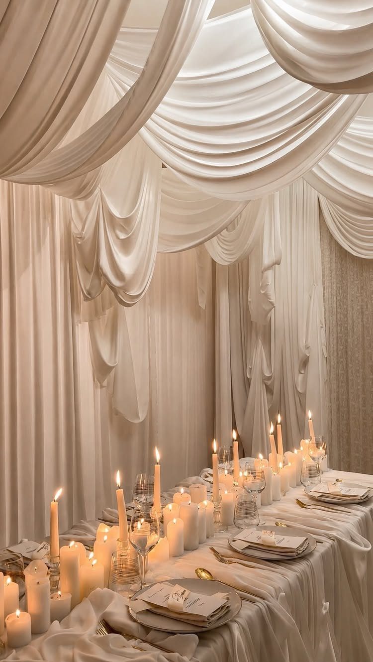 White flowing fabric ceiling drapes above a candlelit wedding reception dining table
