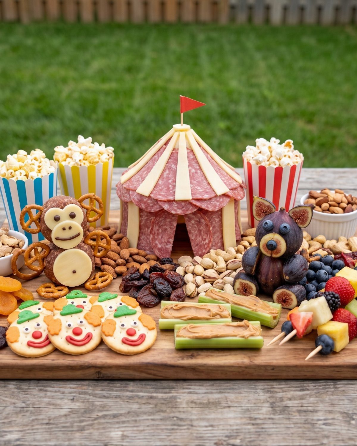 Circus themed party food platter with a cheese tent and animal-shaped snacks.