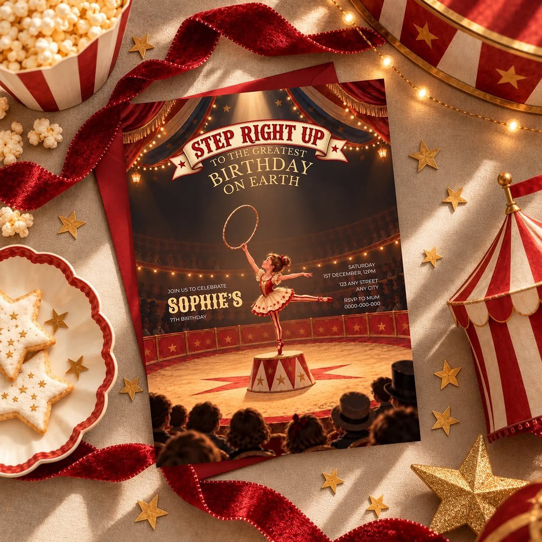 Circus-themed birthday invitation surrounded by popcorn, star cookies, and red velvet ribbons.