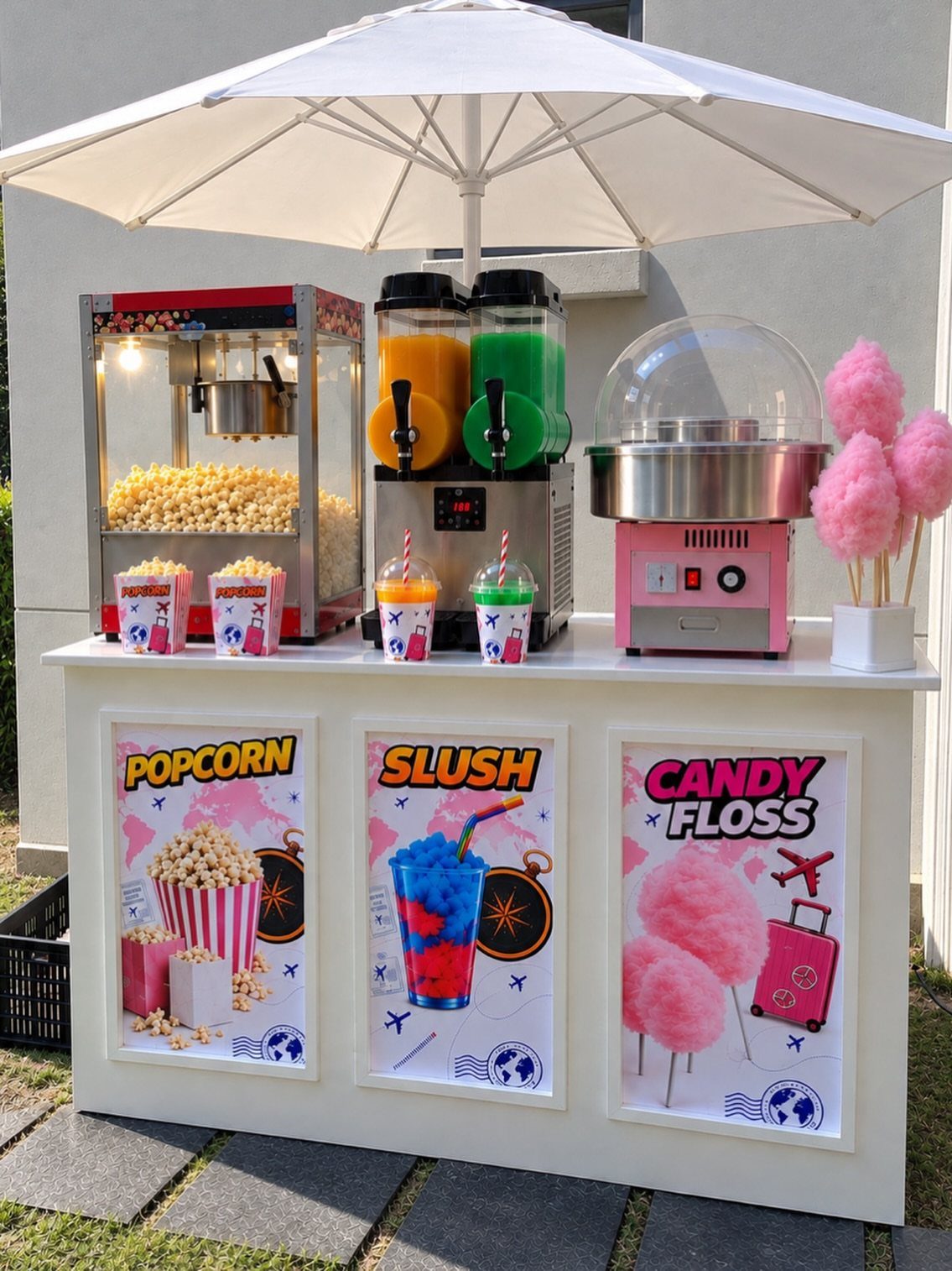Popcorn, slushie, and cotton candy machines on a white counter under a white umbrella