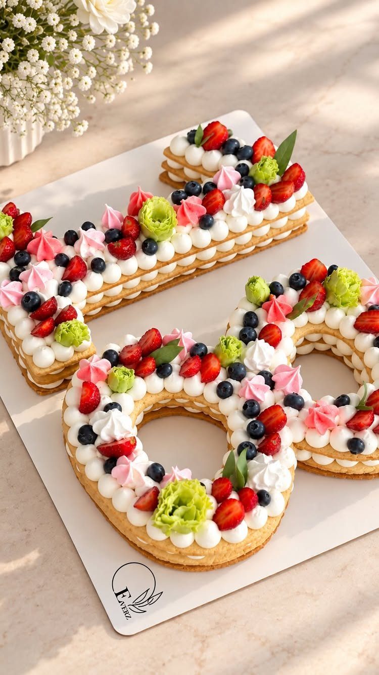 Number-shaped cakes decorated with white cream, fresh strawberries, blueberries, and raspberries.