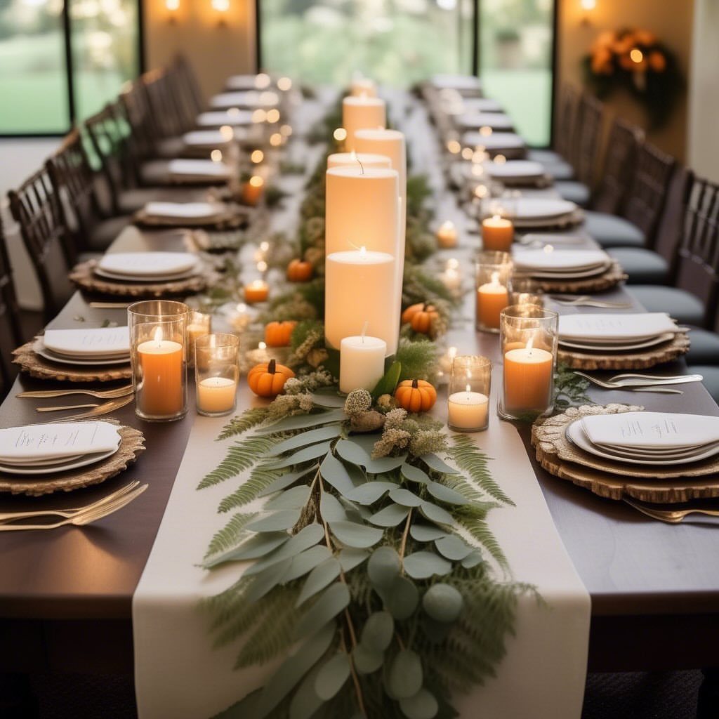 Green eucalyptus leaf runner with white pillar candles and pumpkins on a wedding table
