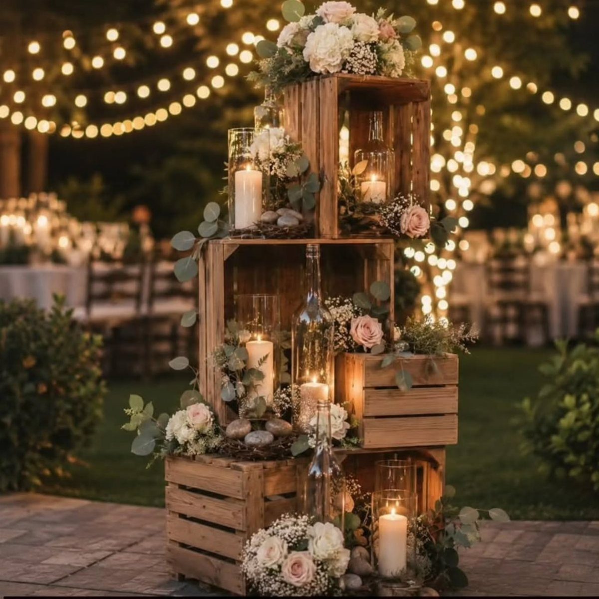 Stacked wooden crates decorated with white roses and glowing candles for wedding decor.