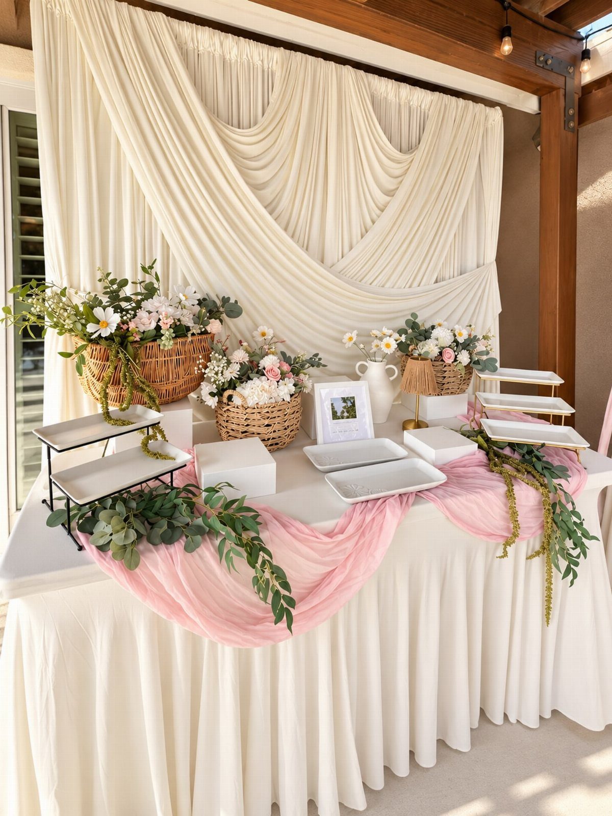 White draped dessert table with pink runner, floral baskets, and tiered serving trays.