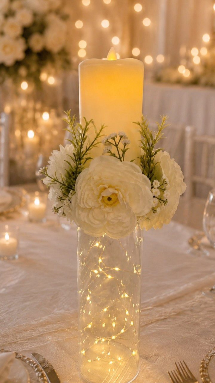 Glass cylinder vase with fairy lights, white peonies, and a glowing pillar candle.