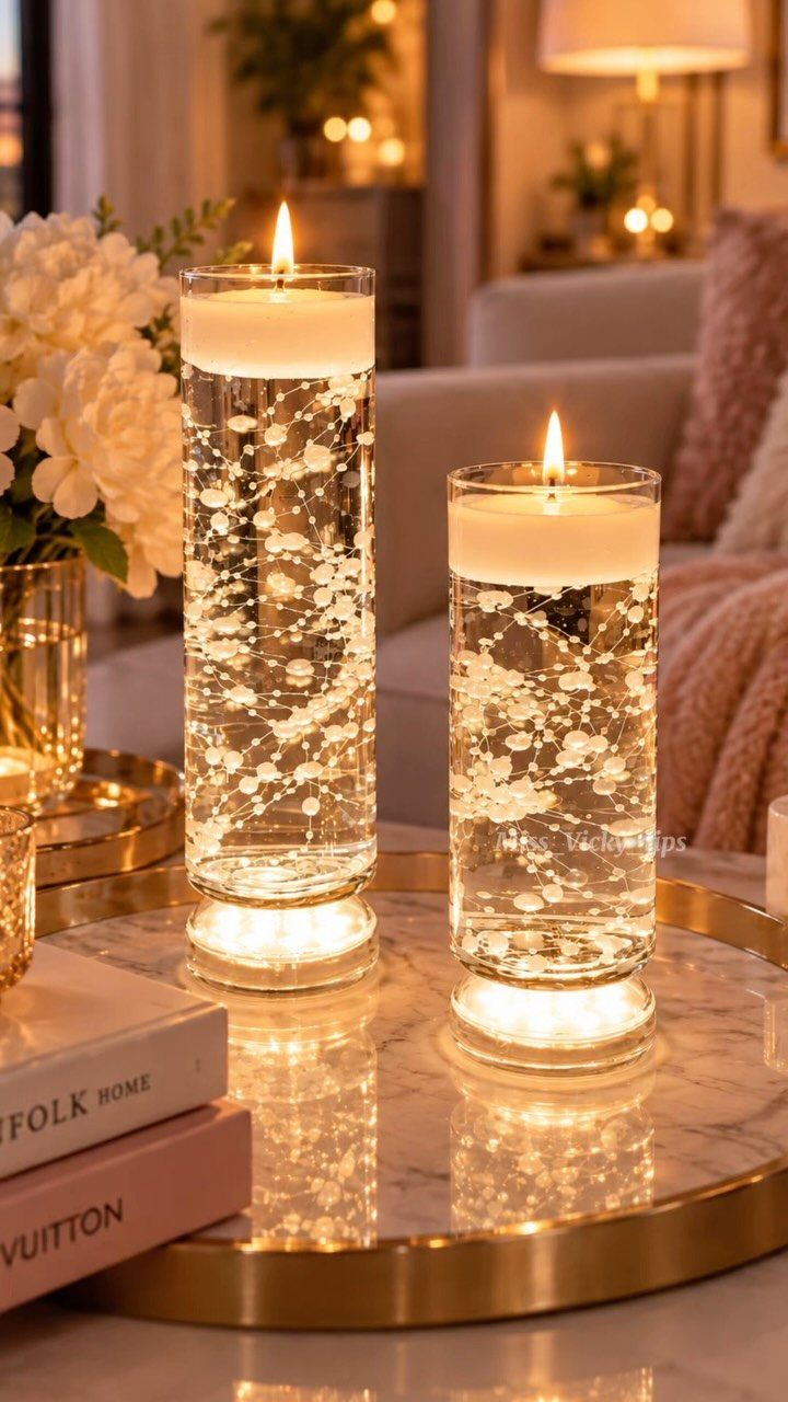 Two glass cylinder vases with fairy lights and floating candles on a marble tray.