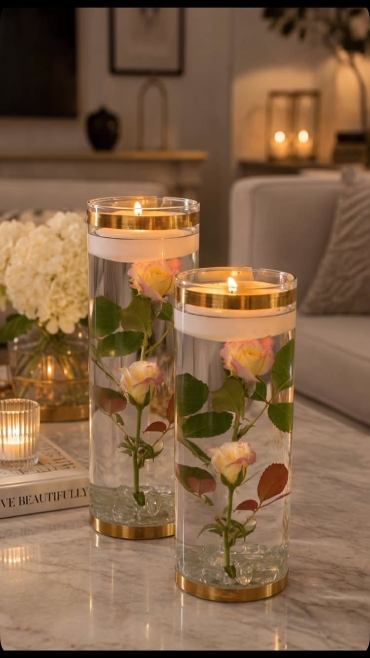 Two glass cylinder vases with floating candles and submerged pink roses on marble.