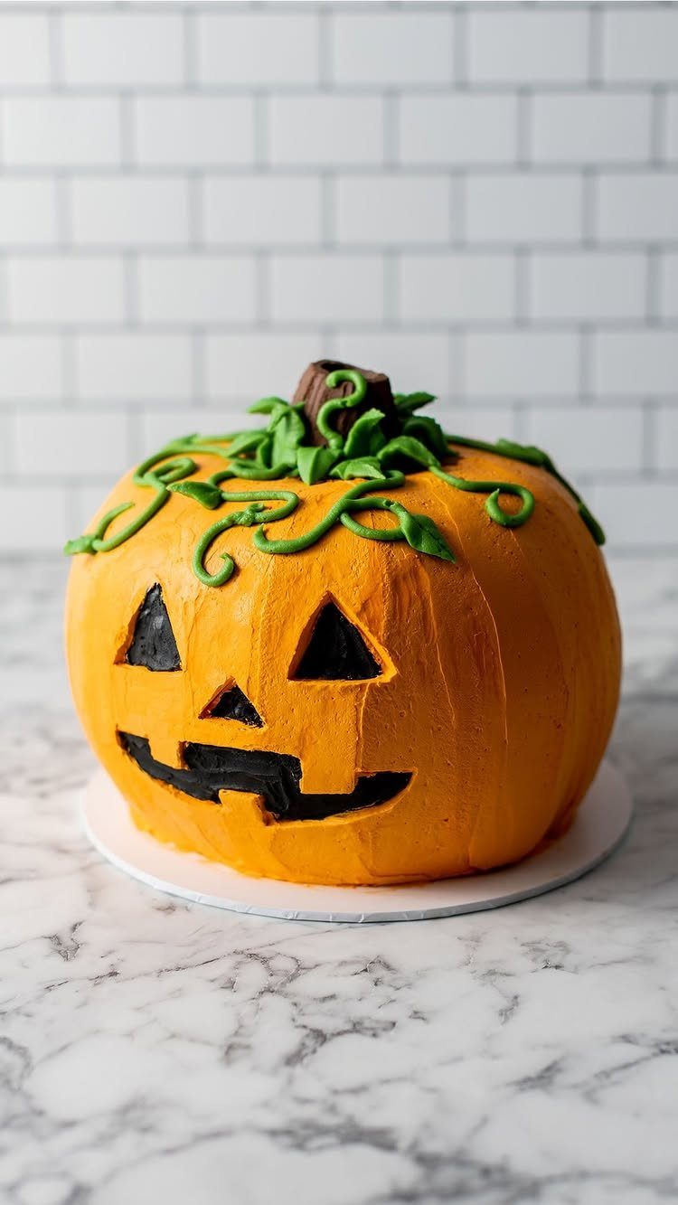 Pumpkin shaped cake with orange frosting and green vines on marble surface