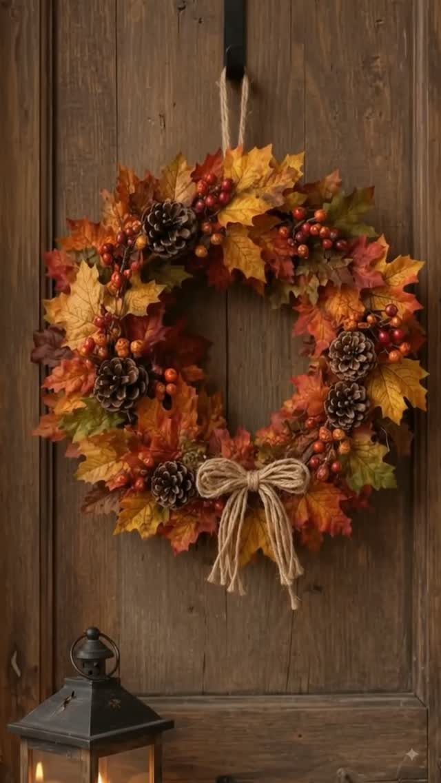 Autumn wreath with colorful maple leaves and pinecones hanging on a wooden door.