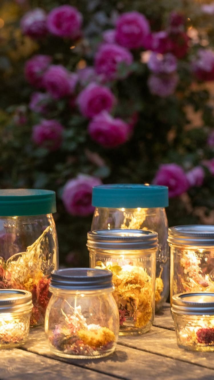 Mason jars filled with fairy lights and dried flowers on a wooden table