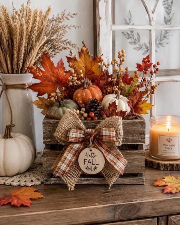 Wooden crate filled with autumn leaves and pumpkins decorated with a burlap bow.