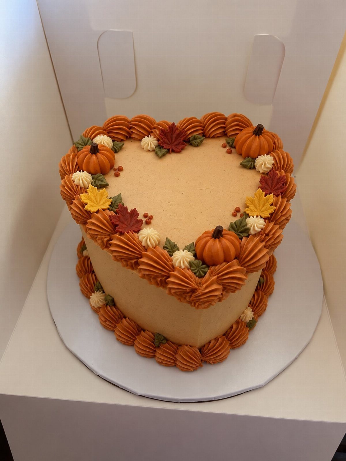 Heart-shaped orange cake decorated with autumn leaves and small pumpkins for fall.