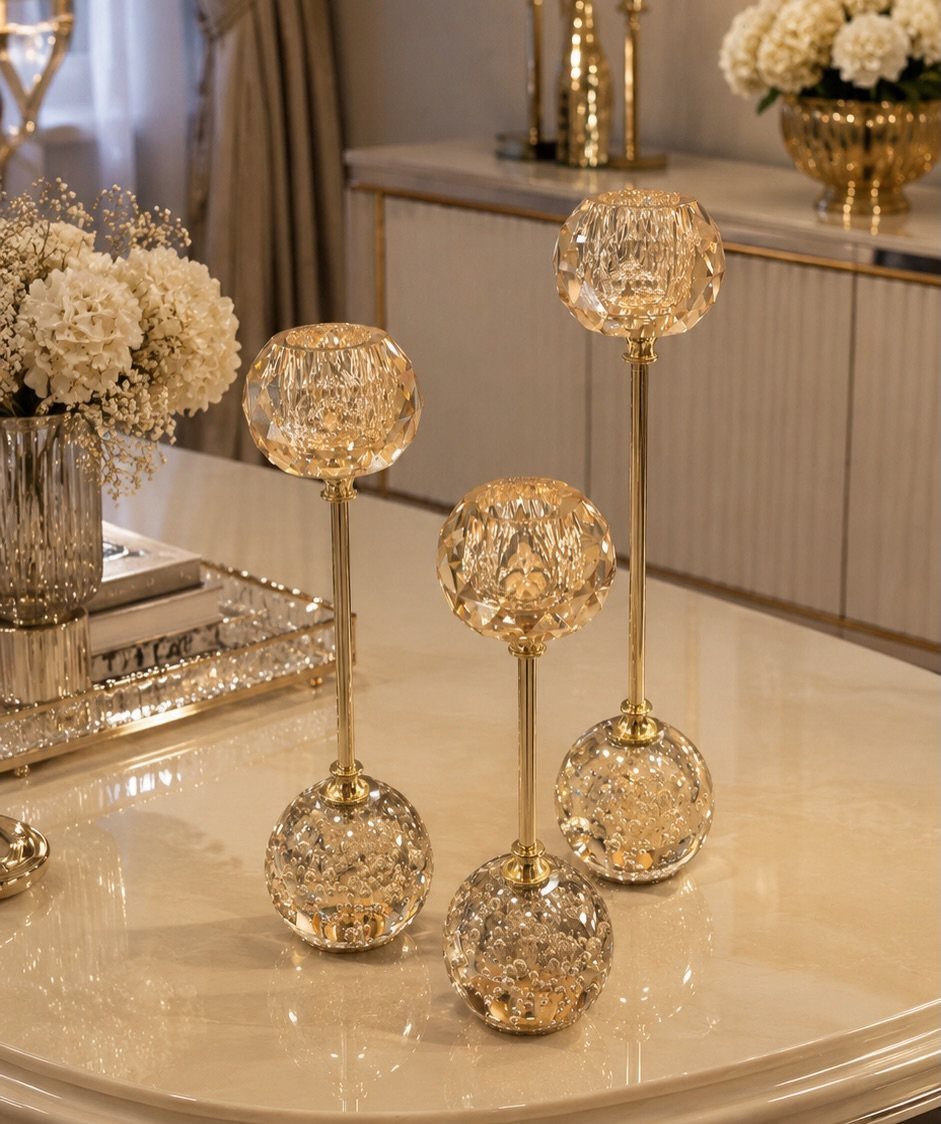 Gold and crystal candle holders with spherical faceted glass on a marble table