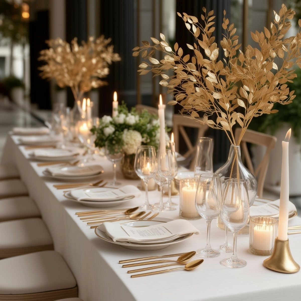 Gold metallic leaf branches in clear glass vases on a white dinner table.