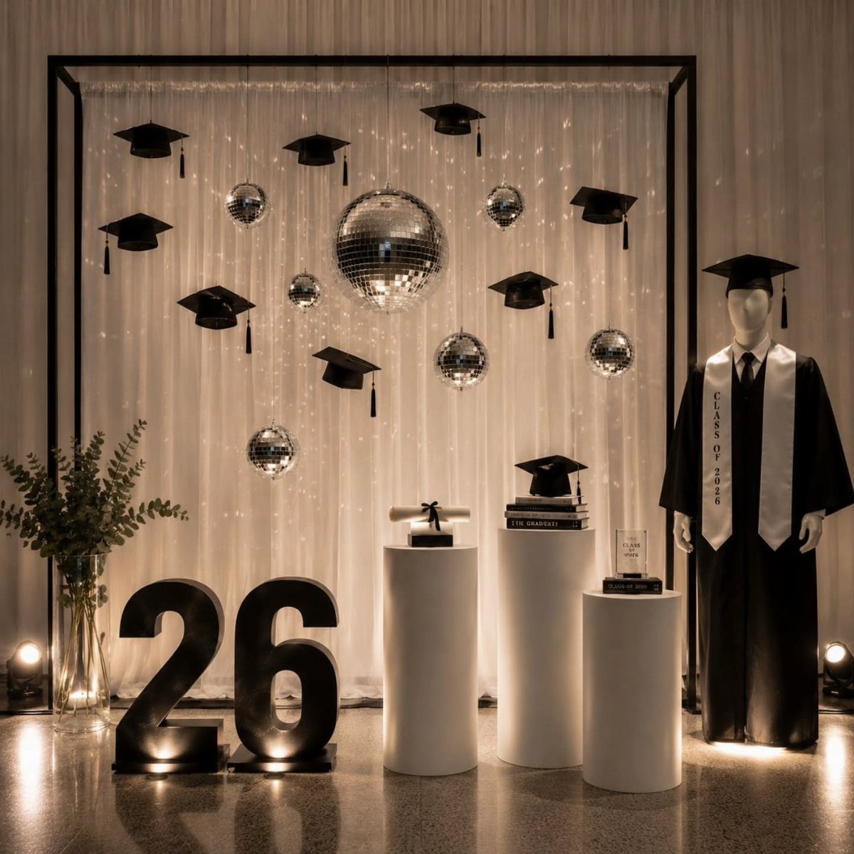 Graduation party photo booth with hanging caps, disco balls, and large number 26.