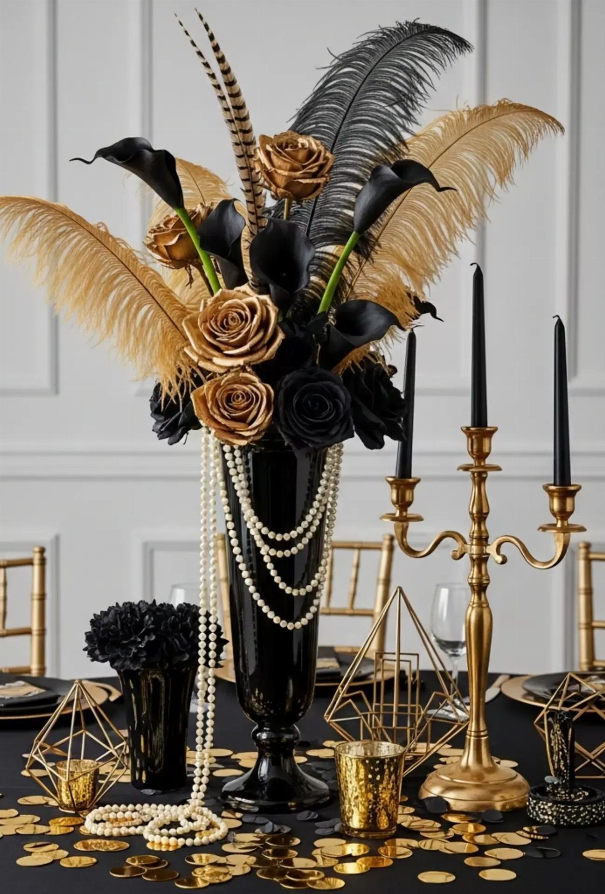 Black vase with gold and black roses, feathers, and a gold candelabra.