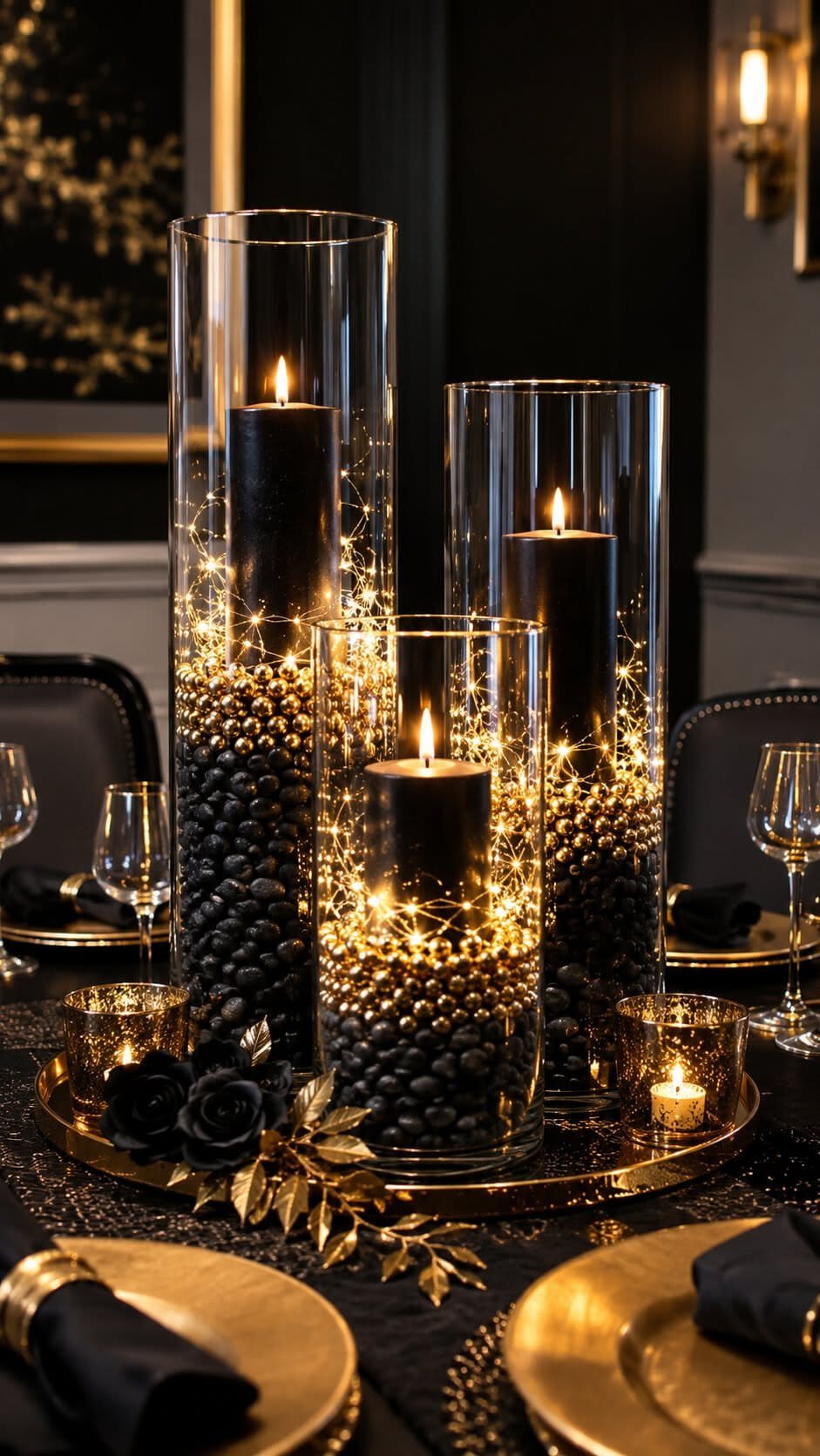 Glass cylinder vases with black candles and fairy lights on a gold tray.