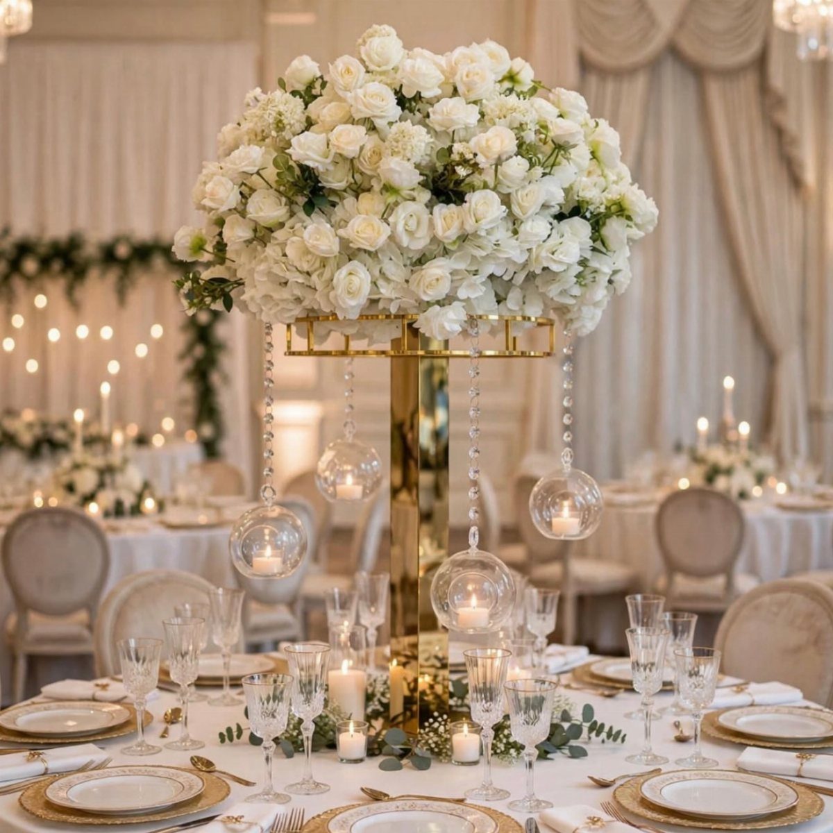 White rose bouquet on a tall gold pedestal stand with hanging glass tea lights.
