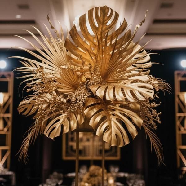 Gold painted monstera and palm leaves arranged as a fan-shaped centerpiece.