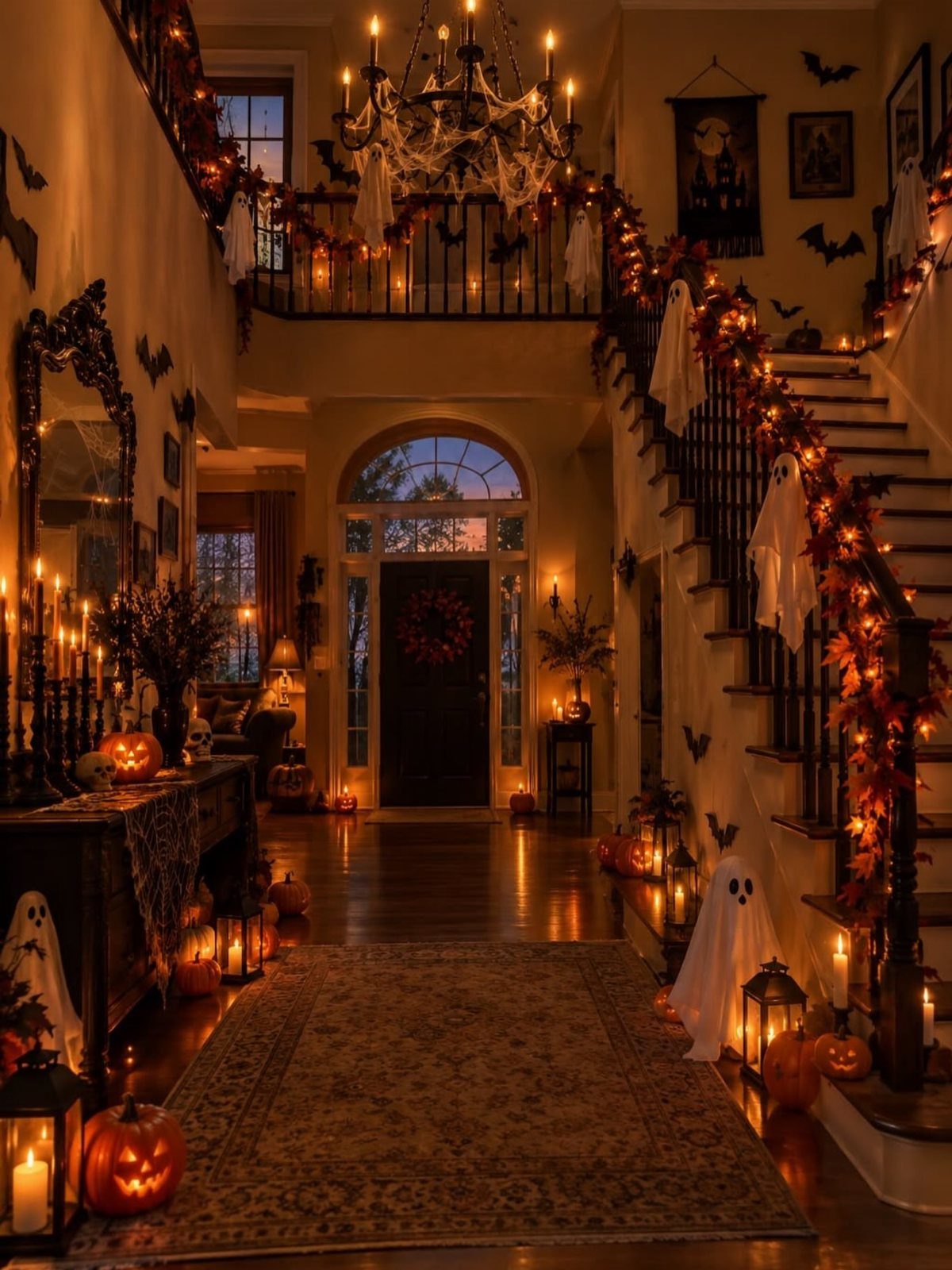 Halloween decorated home entryway with pumpkins, ghost figures, and warm candle lighting.