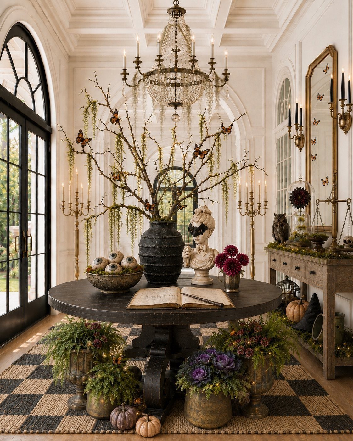 Lavish Halloween table setting with a masked bust, eyeballs, and crystal chandelier.
