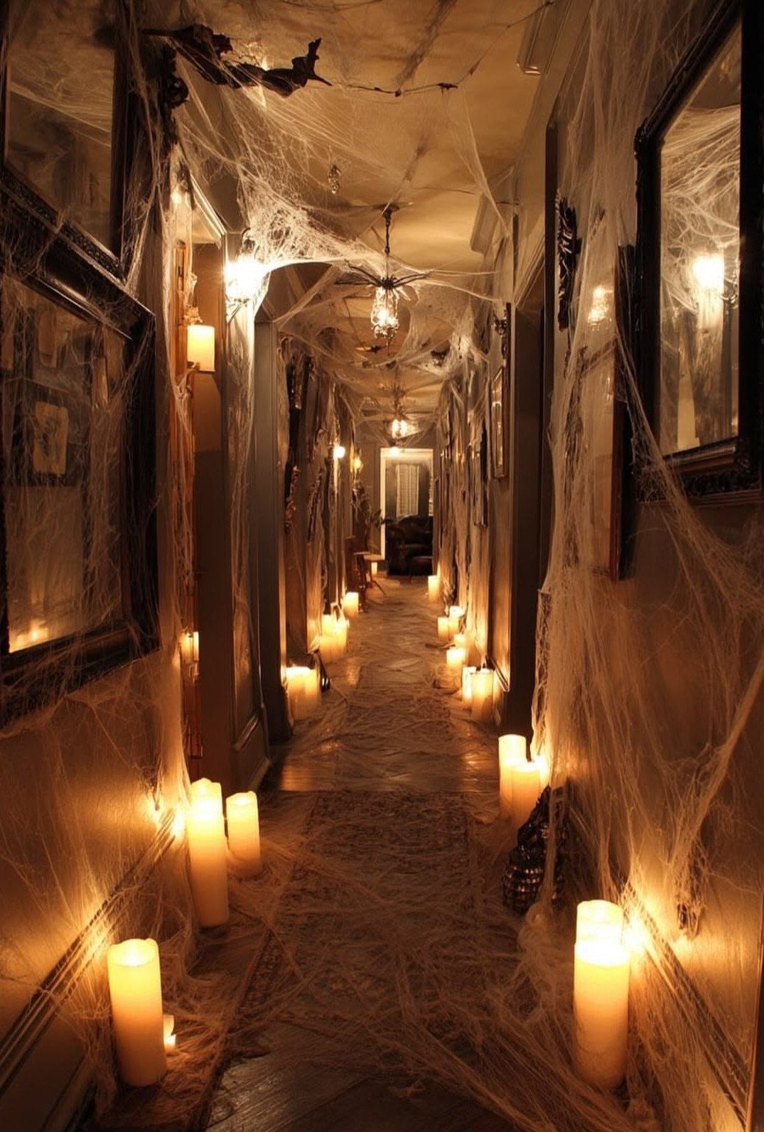 Hallway decorated with thick white spiderwebs and glowing white pillar candles on floor