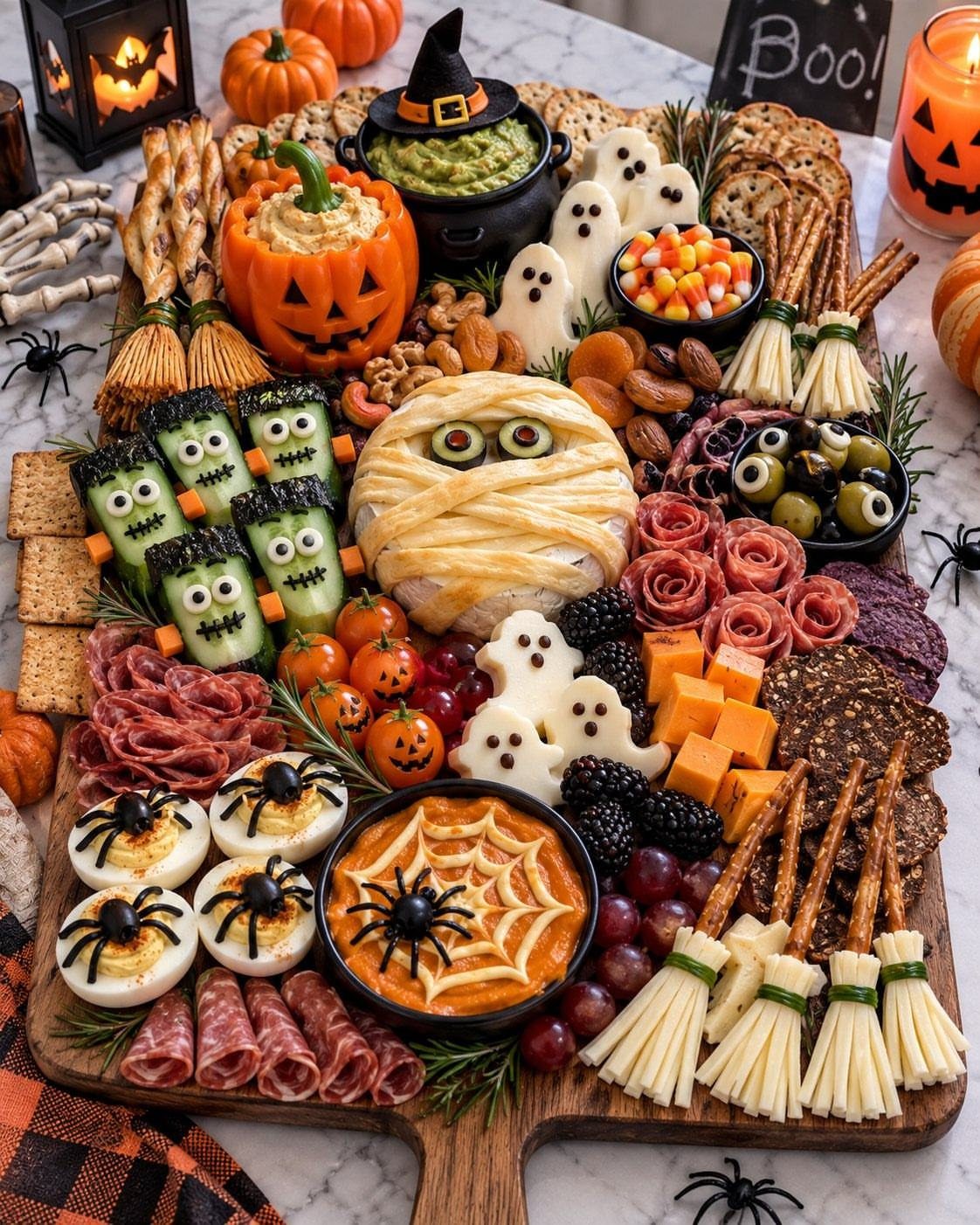 Halloween charcuterie board with ghost cheese, mummy cheese, and spider-webbed dip.