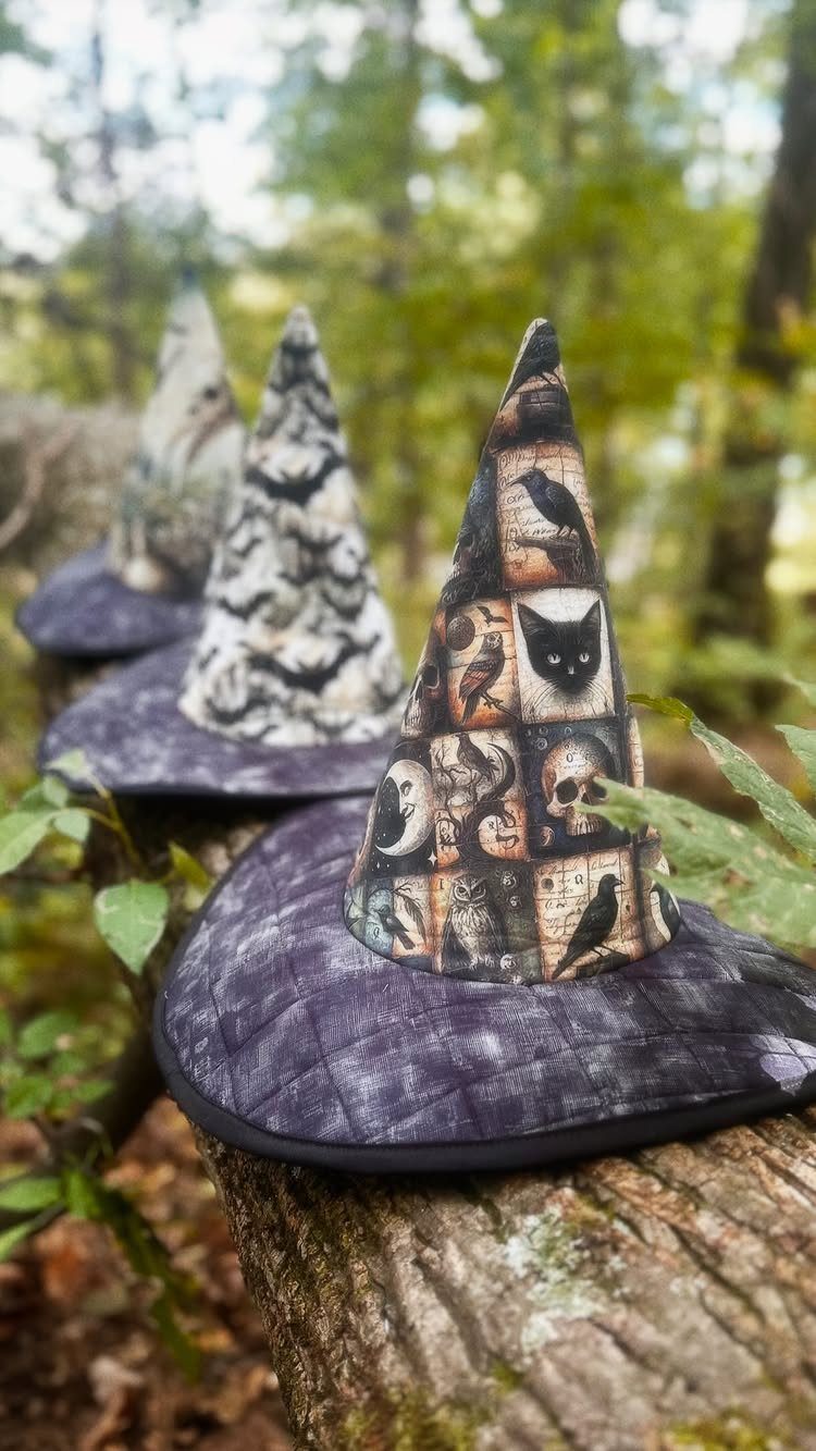 Three patterned witch hats with purple brims resting on a fallen tree log.