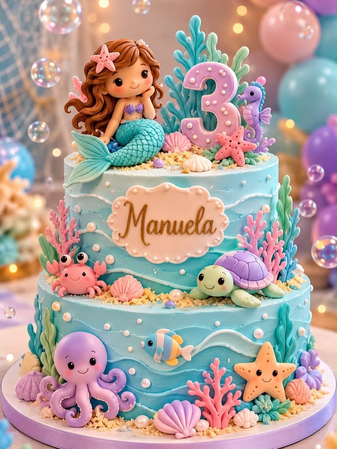 Three-tier blue cake decorated with a mermaid, sea creatures, and coral reefs.