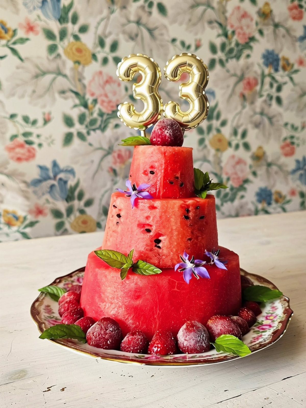 Three-tiered watermelon cake decorated with raspberries and mint, topped with gold 33 balloons.
