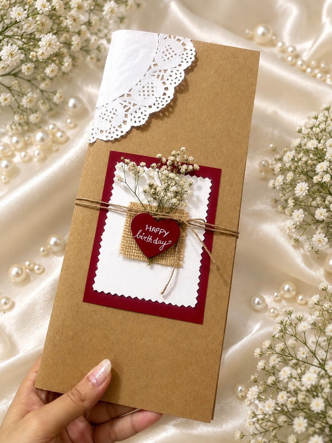Handmade birthday card with a red heart, dried flowers, and lace on kraft paper.