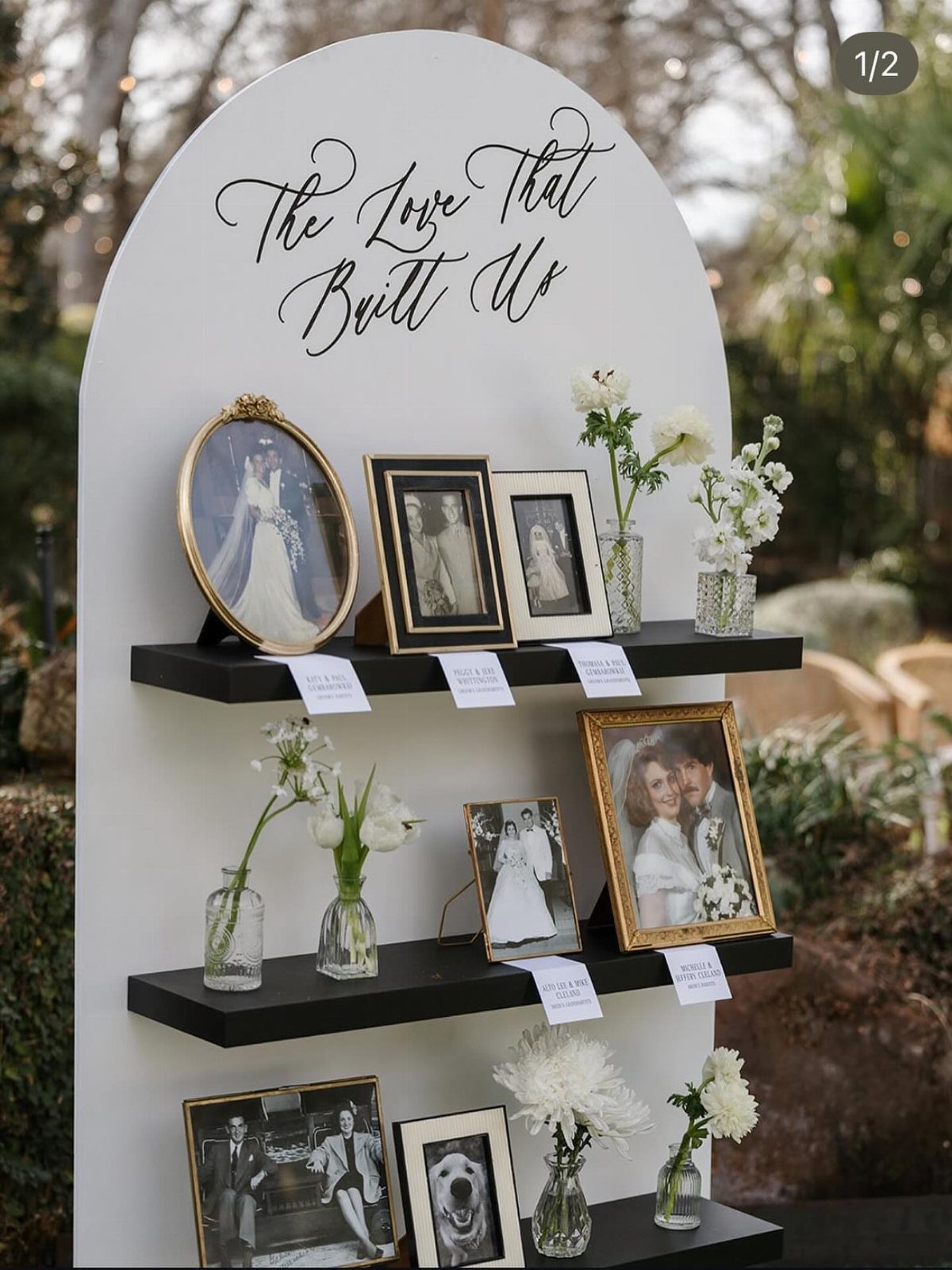White arched memory wall with black shelves holding framed wedding photos and white flowers