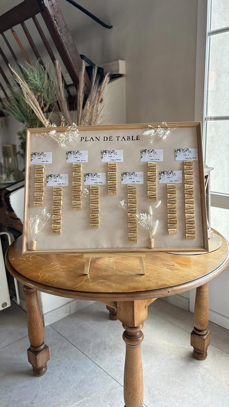Seating chart with name cards held up by columns of stacked wine corks