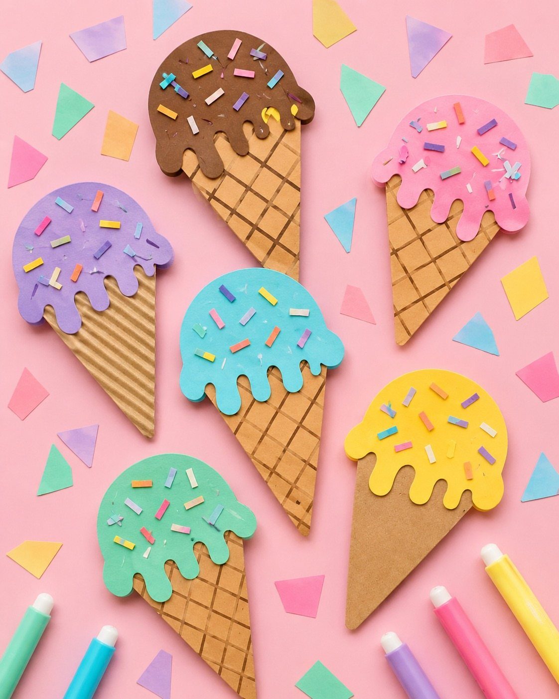 Colorful cardboard ice cream cone crafts with paint and sprinkles on pink background.