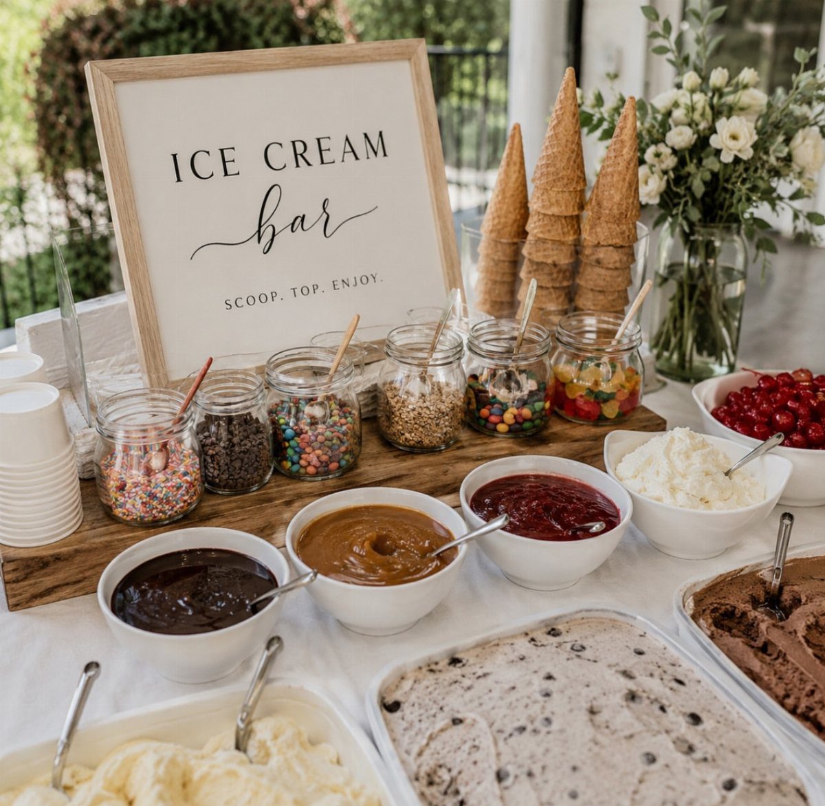 Ice cream buffet setup with various toppings, sauces, cones, and a framed sign.