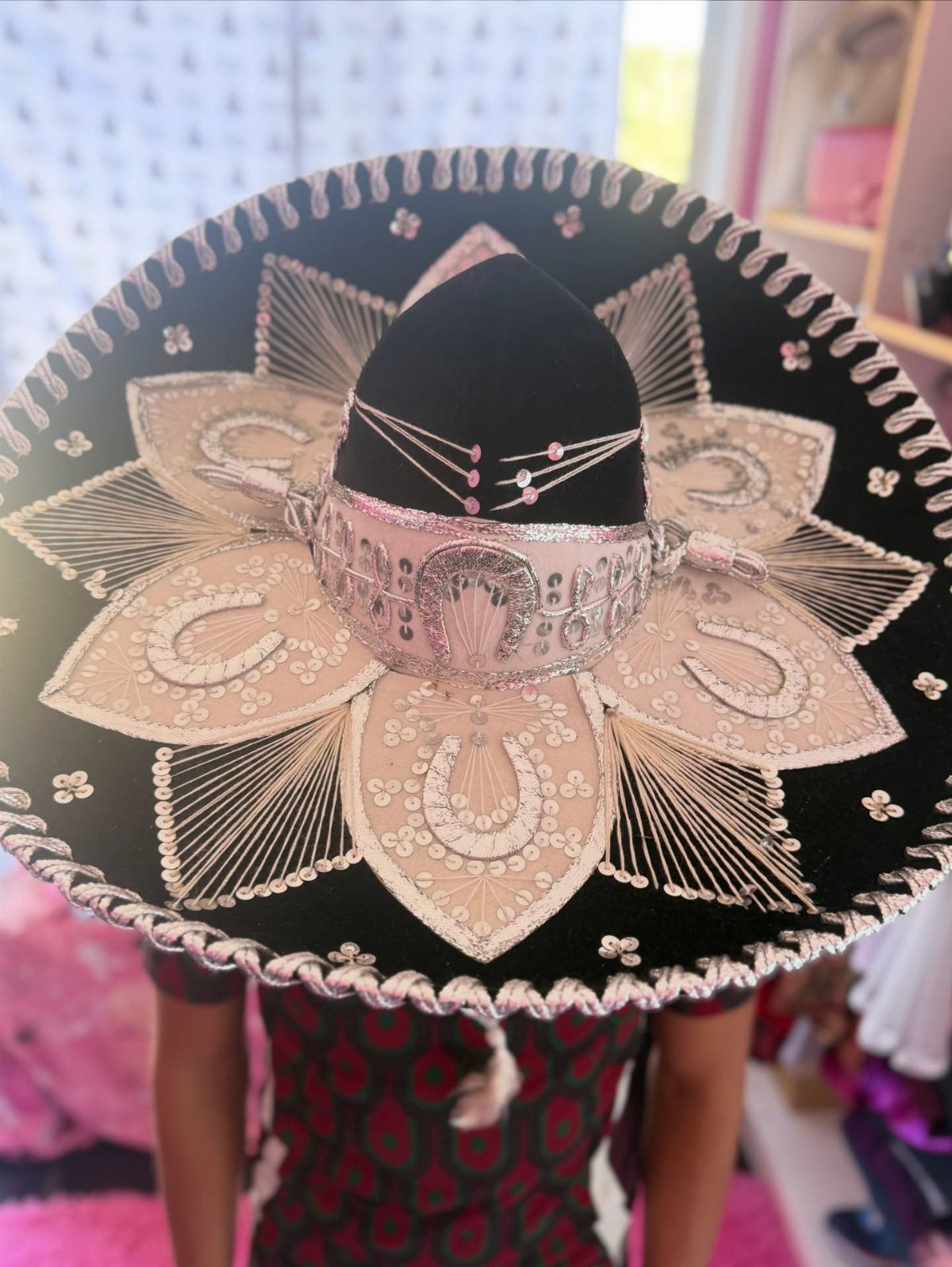 Large black sombrero with ornate silver and gold embroidery worn by a person.
