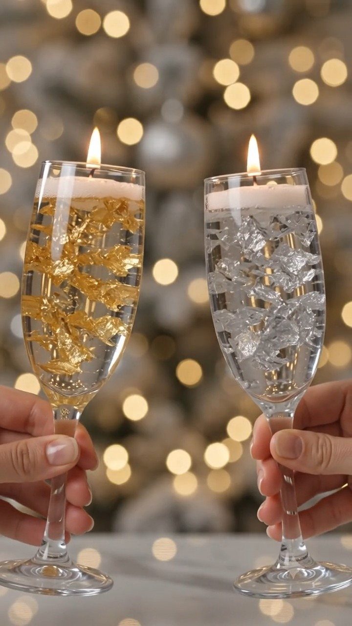 Champagne flutes used as candle holders with gold foil and crystals, lit candles.