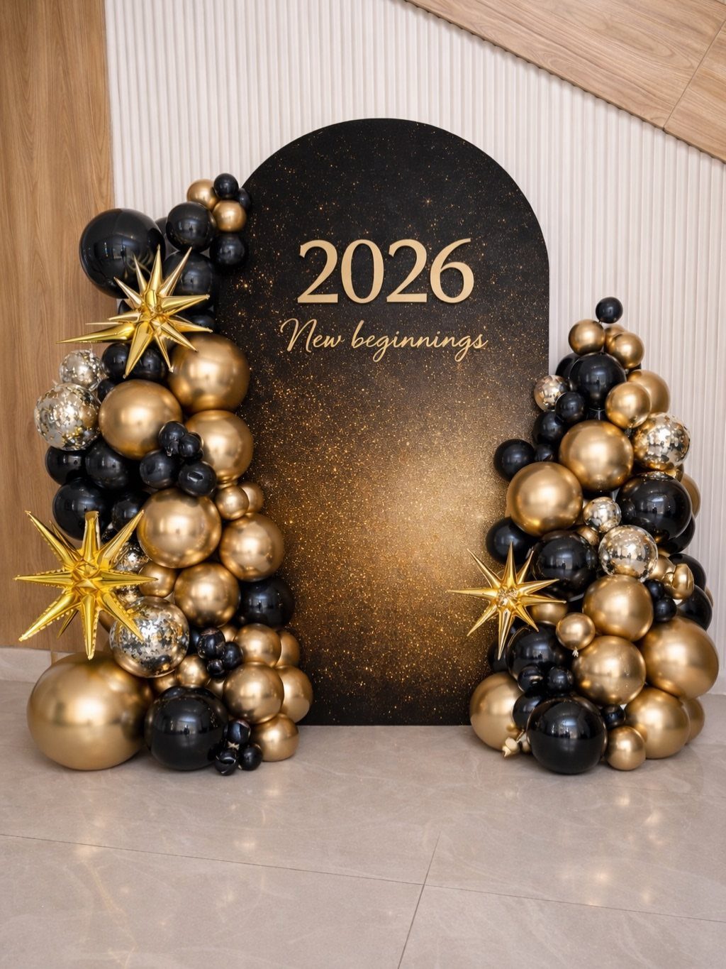 Black arched backdrop with 2026 text surrounded by gold and black balloon garlands.