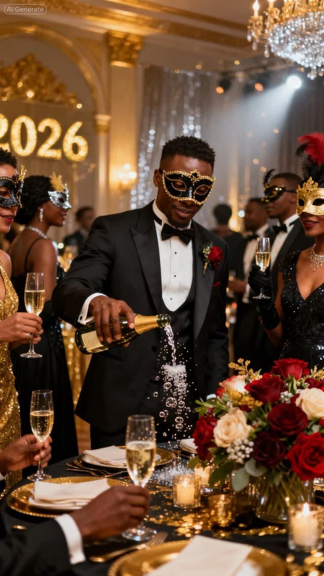 Guests in gold masks and formal wear celebrating at a masquerade ball party.