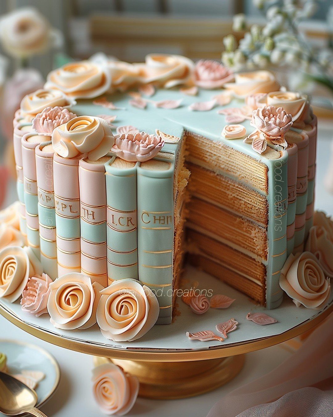 Book-shaped cake with frosting roses on a gold stand for a themed party.