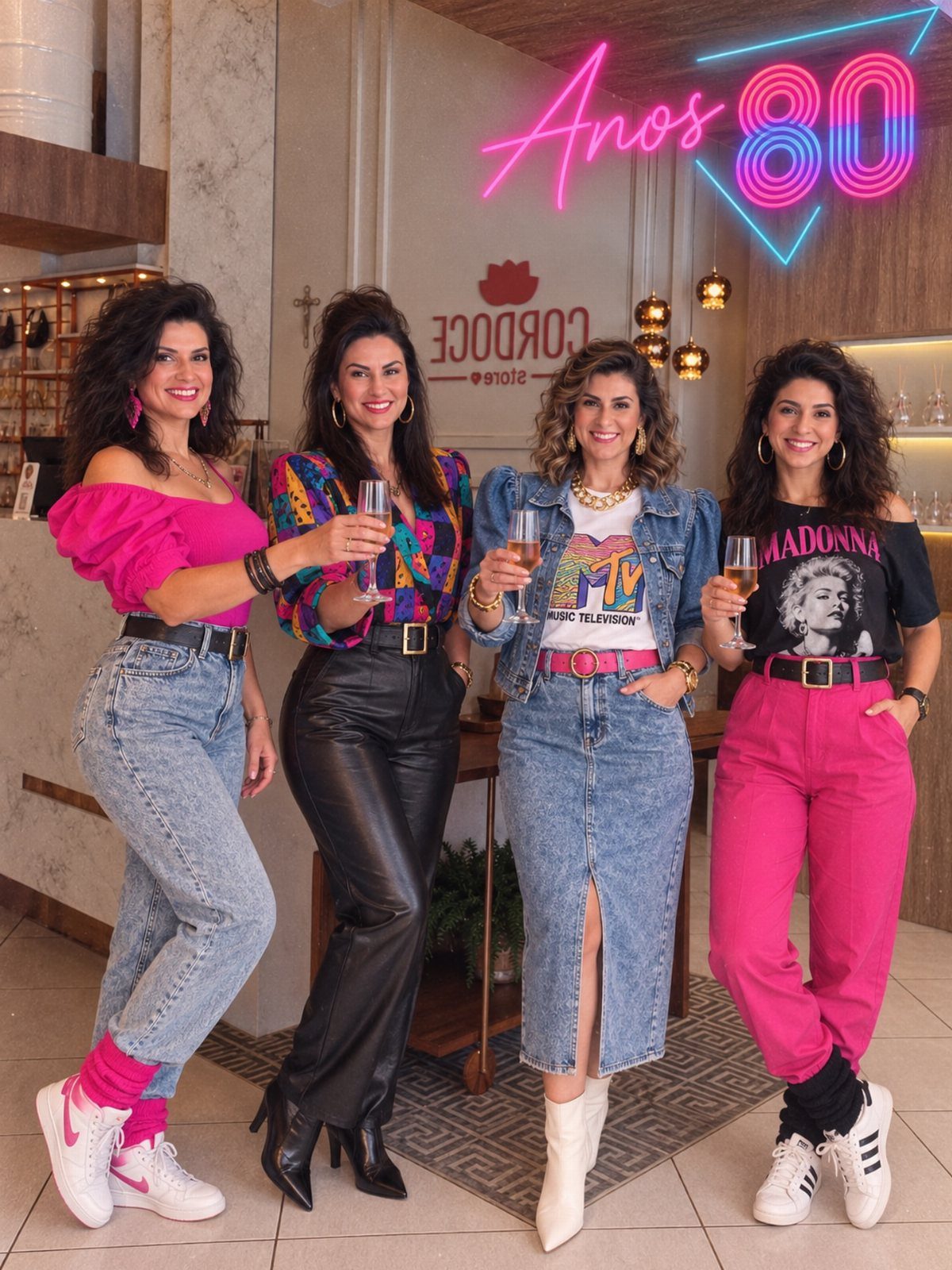 Four women in 1980s fashion posing with champagne under a neon sign.