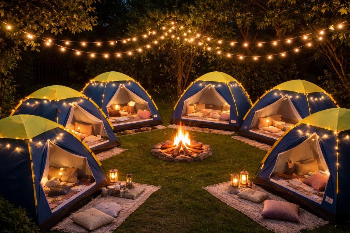 Blue and yellow tents arranged around a campfire with overhead string lights.