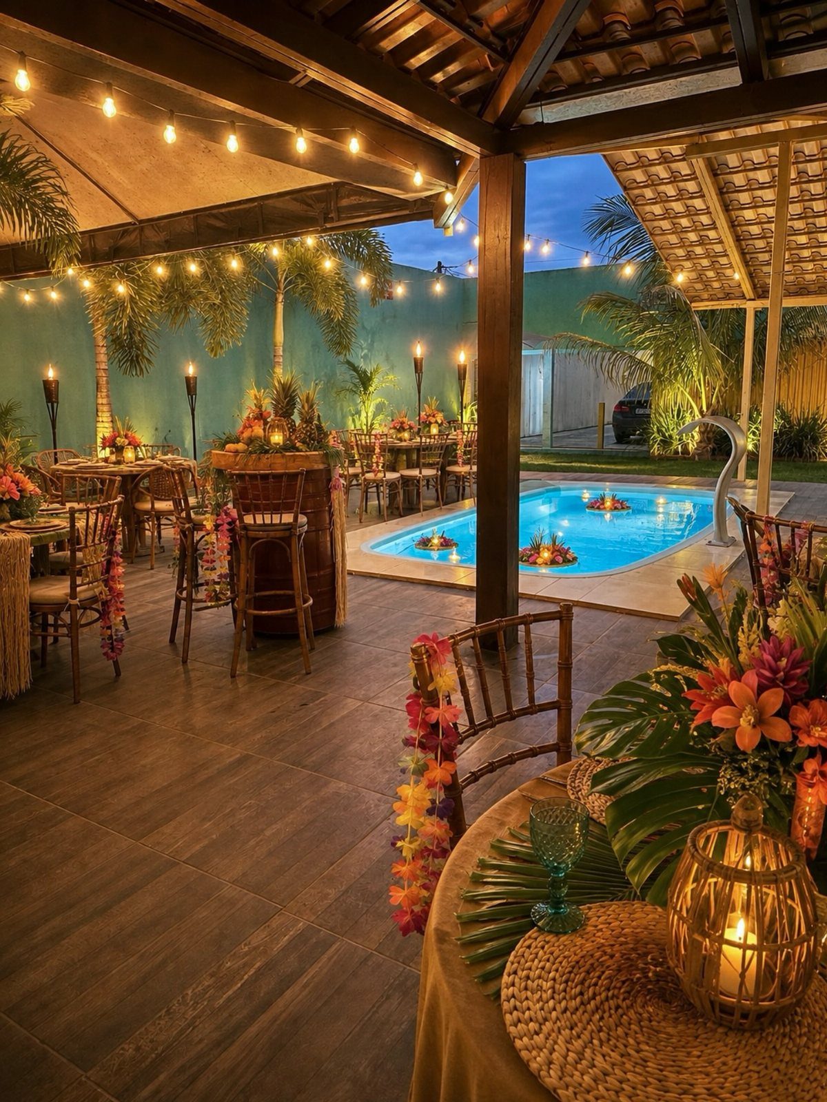 Outdoor tropical party setup with tiki torches, colorful flowers, and a swimming pool.