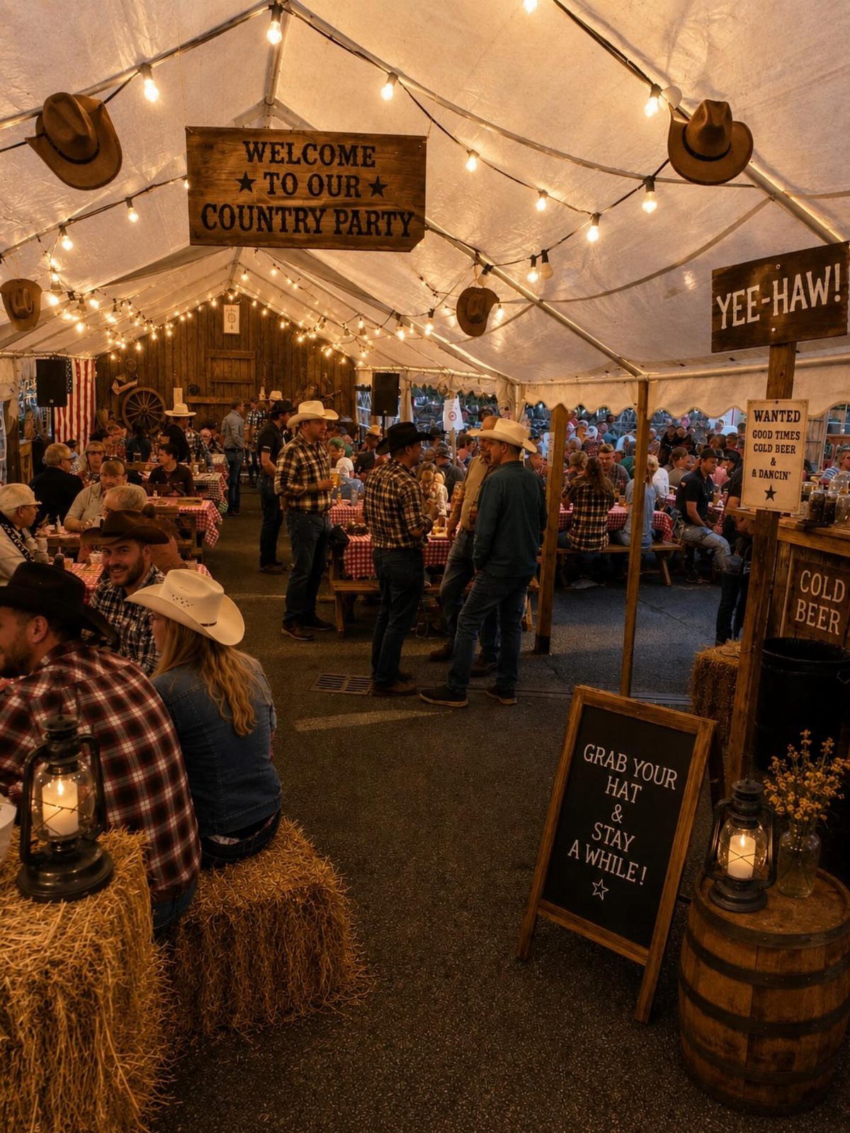 Country party inside a tent with guests in cowboy hats and rustic decor.