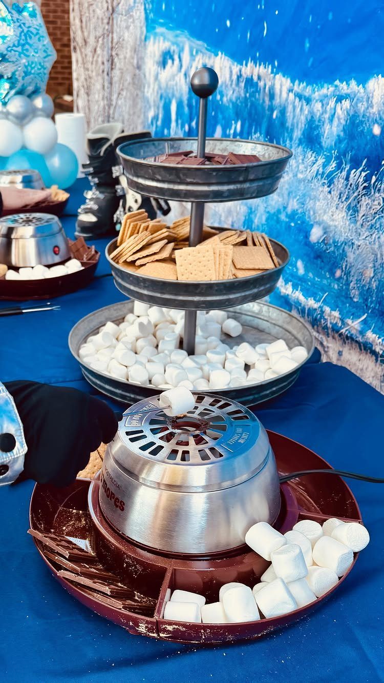 S'mores station with tiered trays of crackers and marshmallows against a winter backdrop.